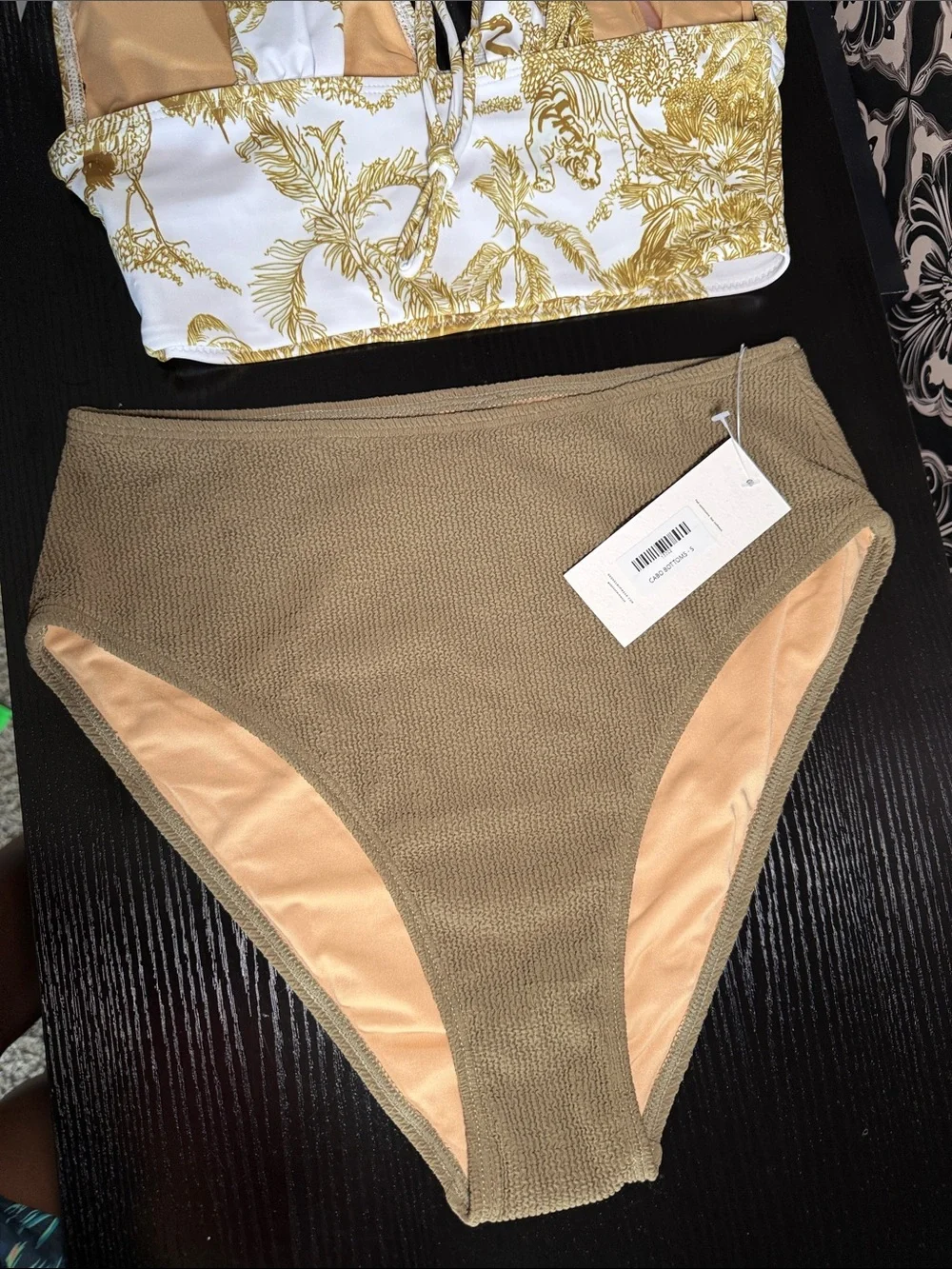 High-Waist Ribbed Bikini Set in Olive and White by